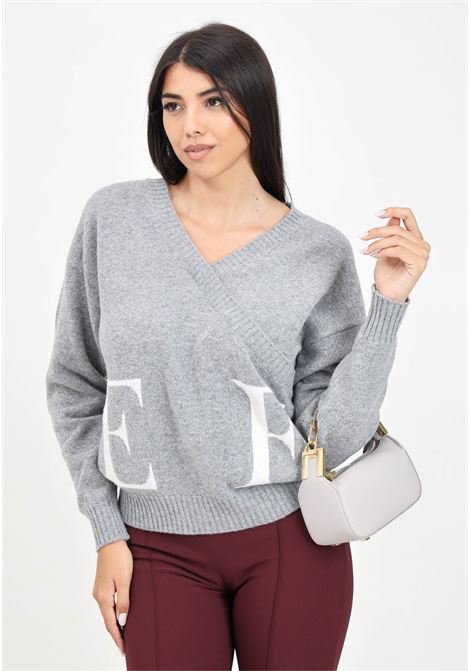 Women's gray V-neck sweater featuring the EF logo ELISABETTA FRANCHI | MK94M46E2G41